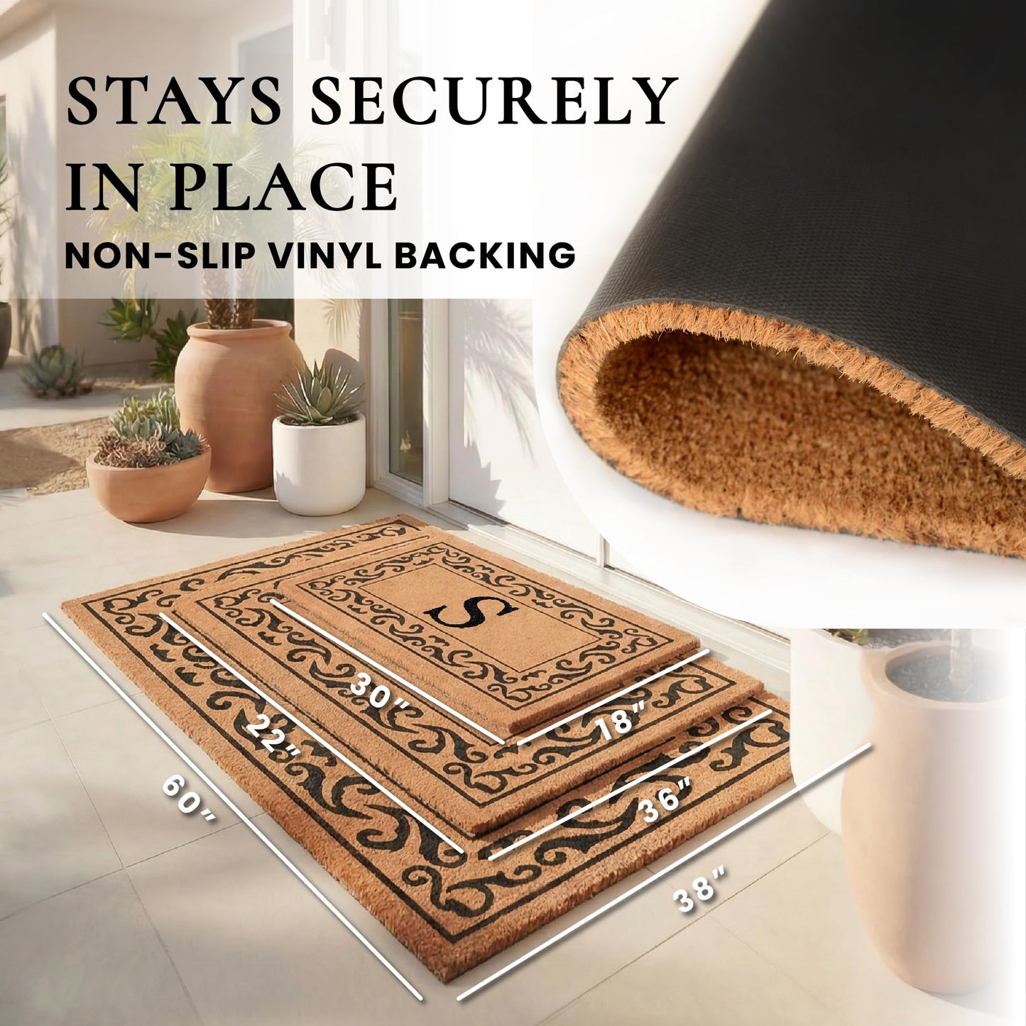 COCO MATS 'N MORE Personalized Coco Coir Front Door Mat – Monogrammed Welcome Porch Mat for Home Entrance, Heavy-Duty Vinyl Backing Non Slip Mat (16" X 24" | Black | Rolling Scrolls | Made in USA)