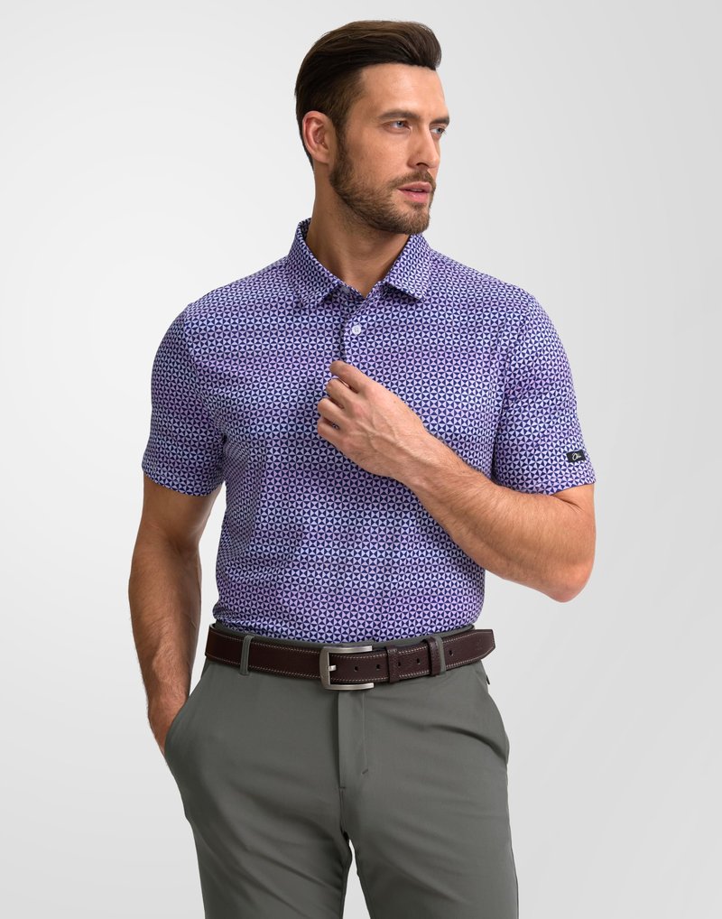 Obla Mens Golf Polo Shirts Short Sleeve Dry Fit Performance Moisture Wicking Casual Print Collared Golf Shirts for Men(Purple Square_L)