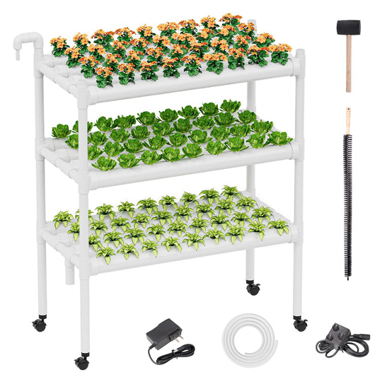 SPECILITE Hydroponics Growing System with Wheels, 3-Tier 108 Plant Sites Food-Grade PVC-U Pipes Gardening Kit for Leafy Vegetables, Lettuce, Herbs, with Water Pump, Indoor, Outdoor