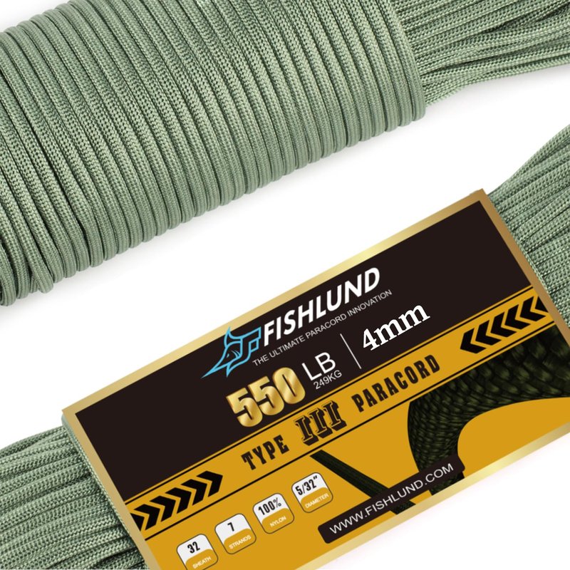 FISHLUND Paracord 550 lb, 7 Strand Paracord Rope 50ft 4mm, Nylon Parachute Cord for Camping, Olive Green