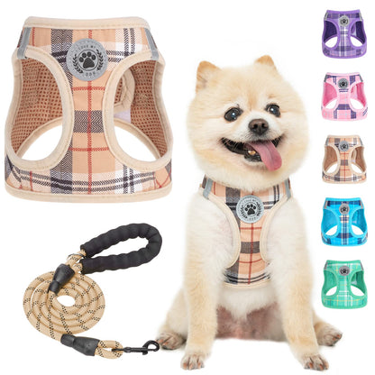 BEAUTYZOO Small Dog Harness and Leash Set,Step in No Choke No Pull Soft Mesh Dog Harnesses Reflective for Extra-Small Medium Puppy Dogs and Cats, Plaid Dog Vest Harness for XS S Pets, Beige XS