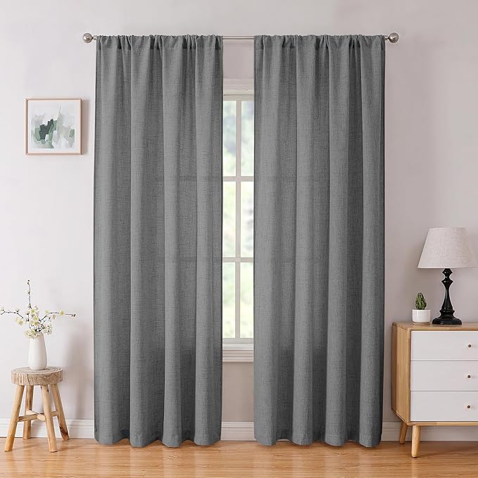 Tollpiz Linen Curtain Bedroom Rod Pocket Semi Sheer Curtains Burlap Light Filtering Thick Linen Drape for Living Room, 38 x 84 inches Long, Dark Grey, Set of 2 Panels