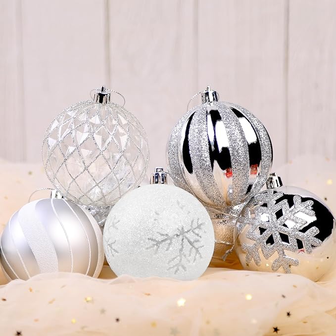 SHareconn 80mm Christmas Balls Ornaments,12PCS Colored Shatterproof Plastic Decorative Hanging Tree Decorations Baubles Set for Xmas Tree Holiday Party Wedding Decoration with Lanyard, Silver&White