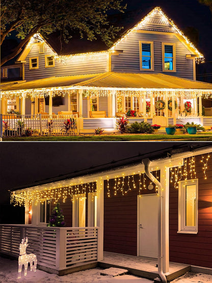 ROSCOO 32.8FT Icicle Lights, Christmas Outdoor with 400LED 75 Drops, IP65 Waterproof Eaves Lights, 8 Modes, for Christmas Eaves Garden Room Decoration Warm White