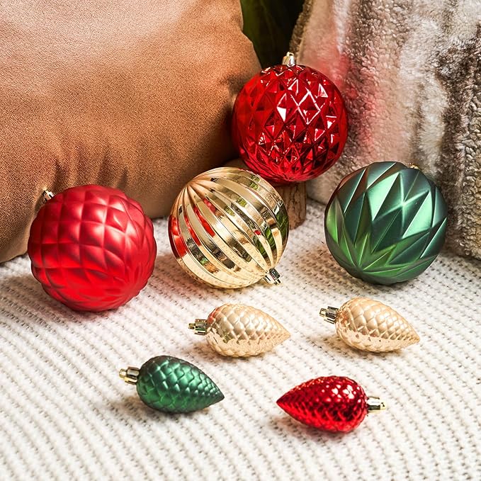 JORNOY Christmas Tree Ornaments, 4inch/100mm Shatterproof Ornaments for Christmas Tree Set - Large Plastic Decorative Hanging Balls Ornaments for Xmas Tree Decorations Party, 12ct (Red & Green & Gold)