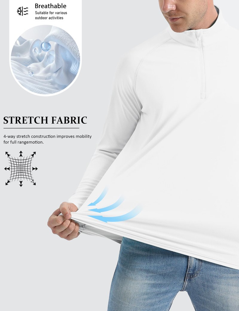 Mens Sun Shirts Quarter Zip Pullover UPF 50+ Fishing Long Sleeve Rash Guard Shirt White
