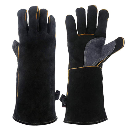 Kim Yuan Extreme Heat & Fire Resistant Gloves Leather with Kevlar Stitching,Perfect for Fireplace, Stove, Oven, Grill, Welding, BBQ, Mig, Pot Holder, Animal Handling, Black-Grey 16in/40cm 1 Pair