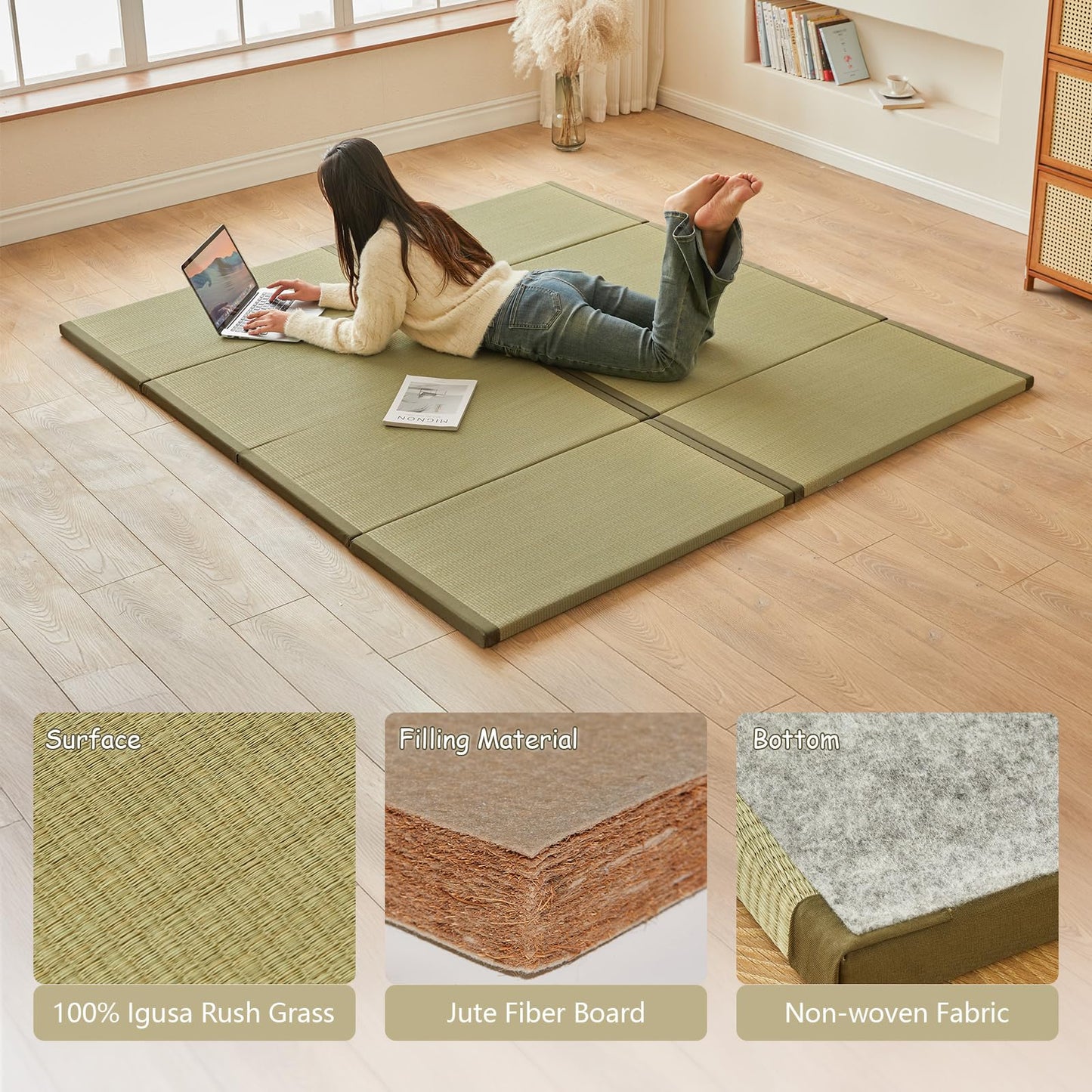 HAGiHARA Japanese Traditional Tatami Mat,35.4"x78.7"x1.2" Foldable Floor Mattress, Japanese Rush Grass Tatami Floor Mat for Meditation, Yoga,Sleeping or Summer Use