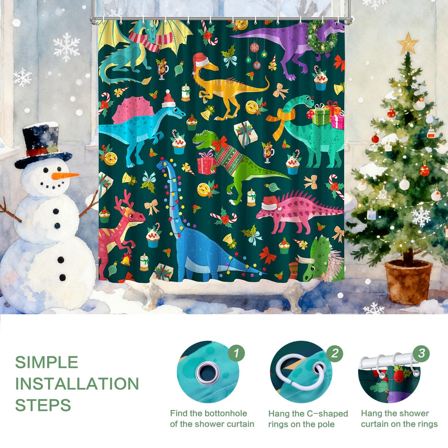 Shower Curtain Christmas, Kids Shower Curtain Santa's Hat Dinosaur Party Gift Box Cake Candy Jingling Bell String Light Xmas Theme Machine Washable Home Farmhouse Waterproof Decor Bathroom Curtain