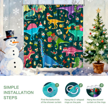 Shower Curtain Christmas, Kids Shower Curtain Santa's Hat Dinosaur Party Gift Box Cake Candy Jingling Bell String Light Xmas Theme Machine Washable Home Farmhouse Waterproof Decor Bathroom Curtain