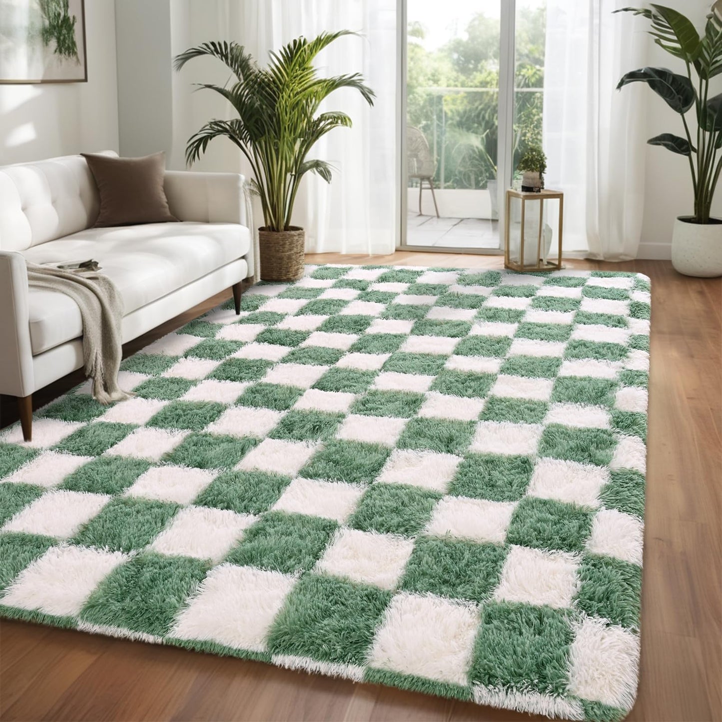 Nuttumico 4x6 Feet Sage Green White Checkered Rug, Fluffy Plaid Area Rug for Bedroom Living Room, Soft Shag Shaggy Carpet for Girls Room, Nursery Dorm, Non-Slip, High Pile