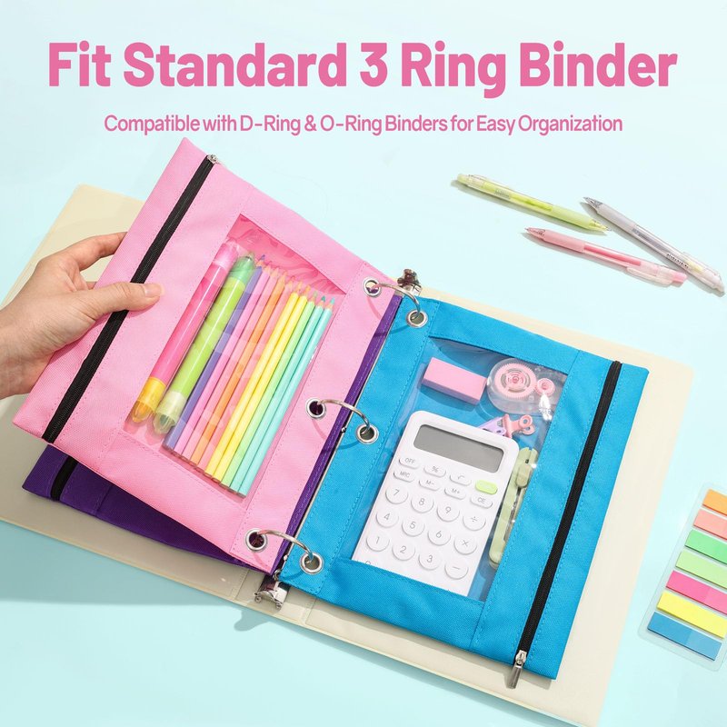 SUNEE Pencil Pouch for 3 Ring Binder, Large Zipper Pencil Case with Clear Window, 3 Reinforced Grommets, Binder Accessories for School and Office Supplies Storage, Red