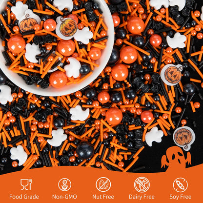Edible Halloween Pumpkin Sprinkles,Orange Pearls Mix White Ghost,130g/4.58oz,Black Bat Monster,Pearls and Jimmies Mixed,Perfect for Cake Decorations, Baking, Ice Cream, Cookies, Cupcake Topper,Halloween Thanksgiving Children's Party Supplies