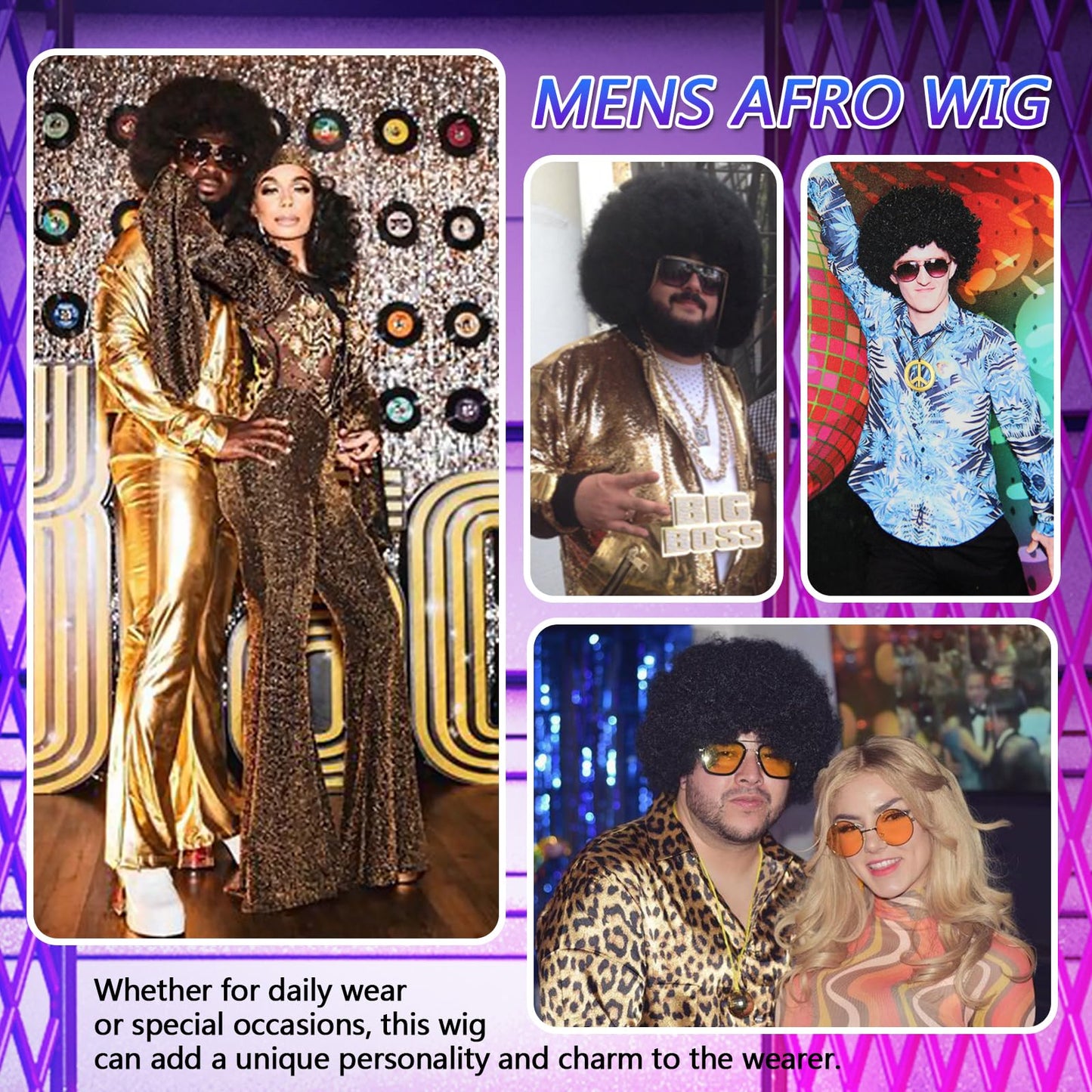 Tereshar 70s Mens Afro Wig for Disco Party, 5pcs Set (Glasses+ Golden Chain+Peace Sign Necklace+ Wig Cap) Black Afro Curly Retro Disco Hippie Wigs for 70s 80s Costume Halloween Cosplay Use
