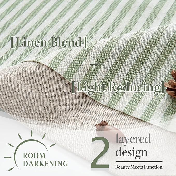 jinchan Double Layer Striped Linen Kitchen Tier Curtain Rustic Cafe for Living Room Bathroom Half Window Curtain Light Filtering Rod Pocket 1 Panel 36 Inch Sage Green