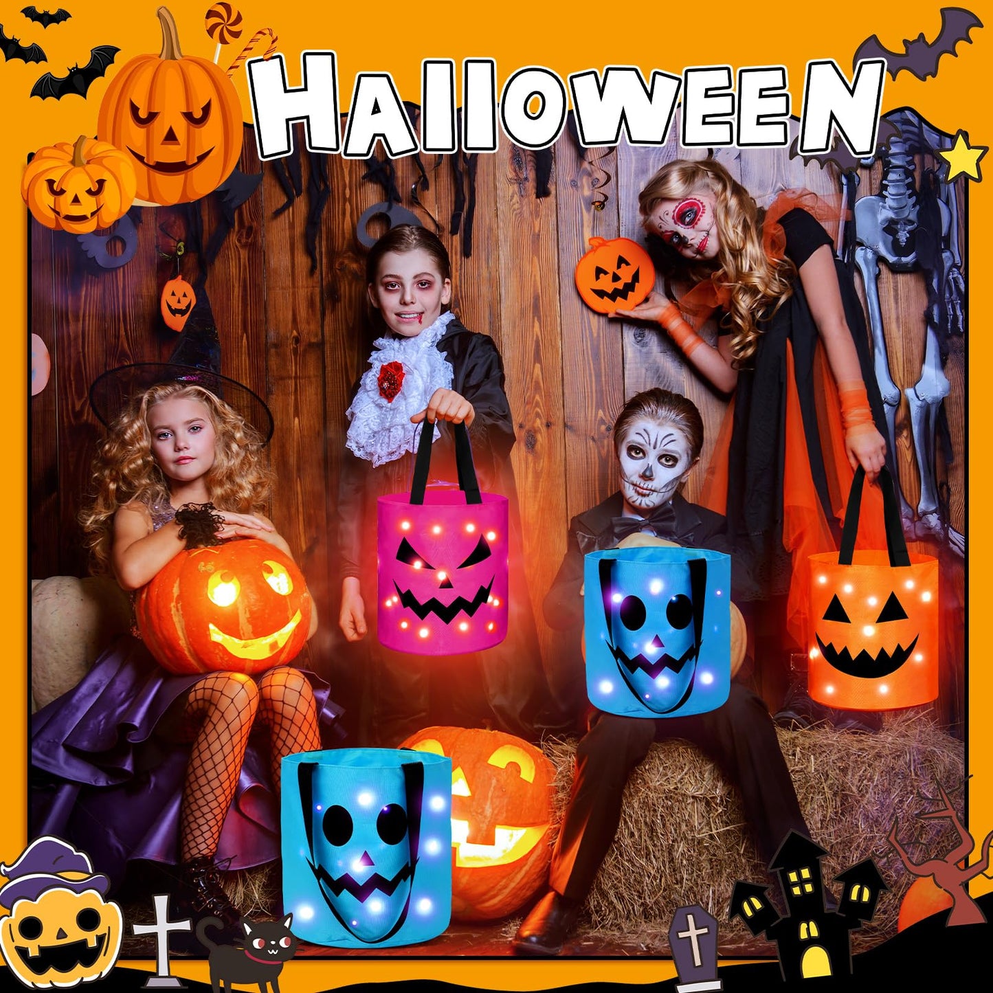 Sadnyy 3 Pcs Halloween Trick or Treat Bags Light up for Kids Pumpkin Candy Bucket LED Halloween Treating Baskets Reusable Goody Tote Bag for Party Favor Supplies(Pink, Blue, Orange)