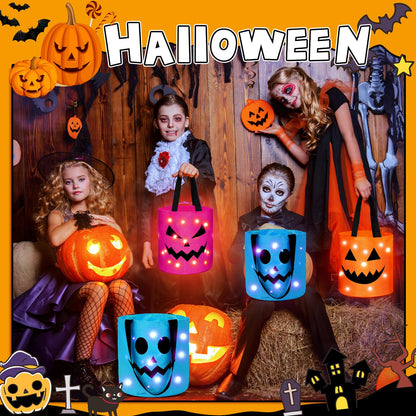 Sadnyy 3 Pcs Halloween Trick or Treat Bags Light up for Kids Pumpkin Candy Bucket LED Halloween Treating Baskets Reusable Goody Tote Bag for Party Favor Supplies(Pink, Blue, Orange)