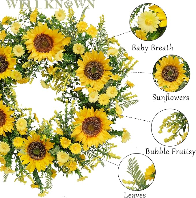Well Known 21 Inch Sunflower Wreath for Front Door - Yellow Fall and Summer Decor - Handmade Silk Floral Arrangement for Home, Party, Festival, Wedding