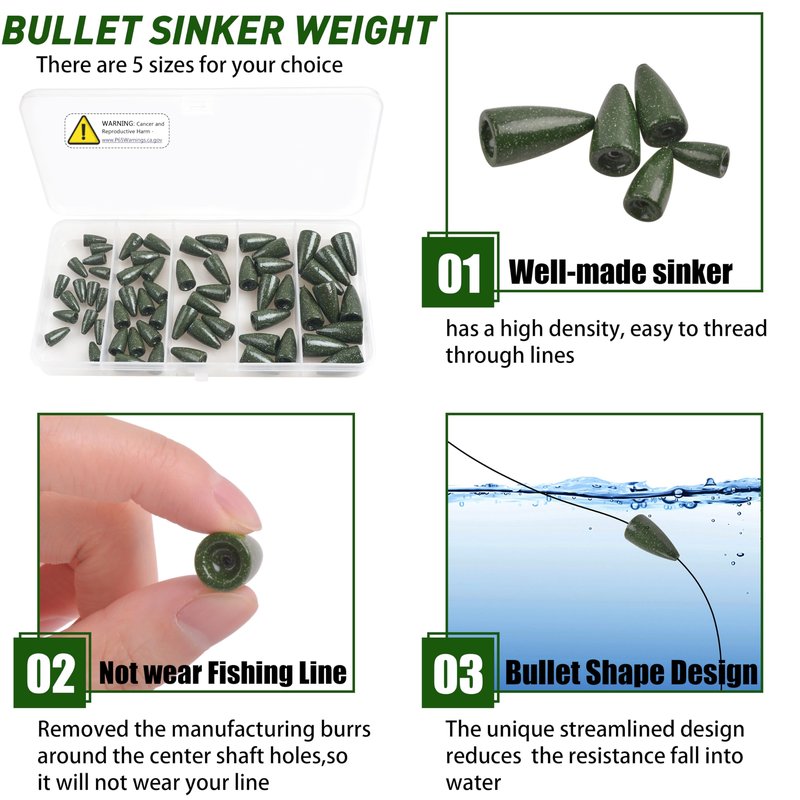 Bullet Fishing Sinkers Bass Fishing Weights Kit, 60pcs Worm Fishing Slip Weights Painted Pitching Flipping Weight Worm Weights for Bass Fishing Texas Rig Carolina Rig