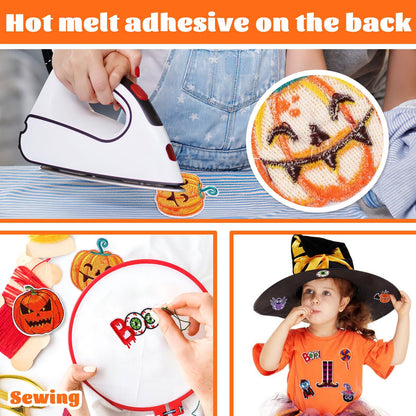 AUGSUN 60pcs Halloween Iron on Patches Random Assorted Halloween Embroidered Sew Applique Repair Patch Cute Skull Pumpkin Ghost Black Cat Witch Bats Patches for Clothing Jacket Dress Backpack Hat