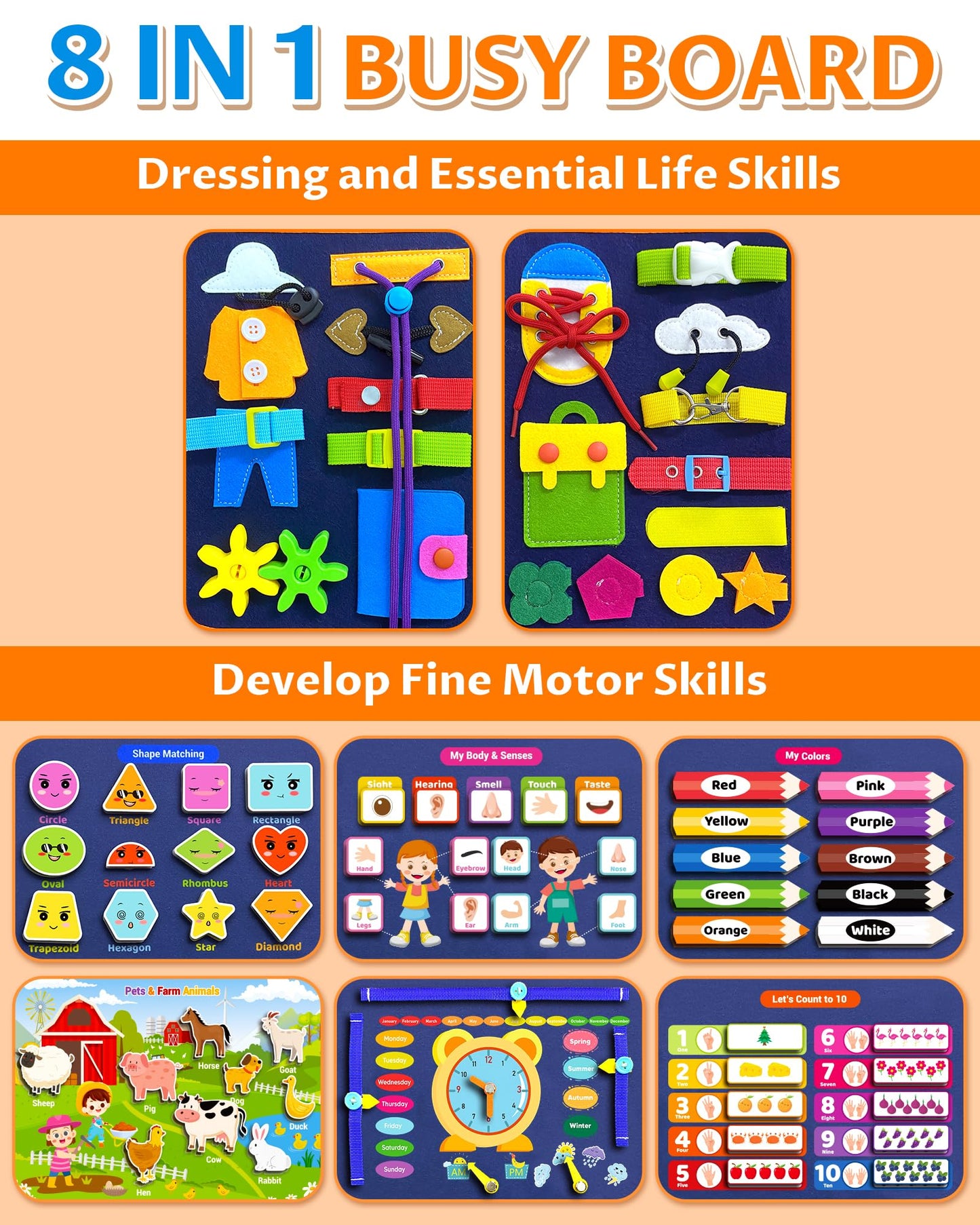 Exorany Busy Board Montessori Toys for Toddler Boy & Girl Birthday Gifts, Busy Book Learning Sensory Toys for Toddlers, Toddler Travel Toy Educational Activities Learn Fine Motor Skills