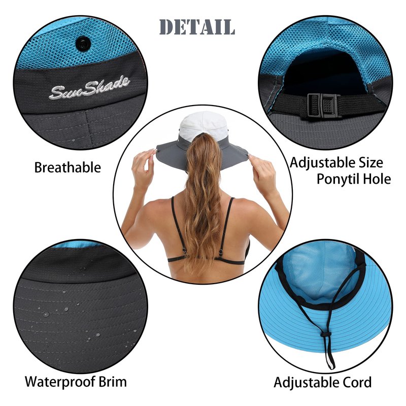 Womens Summer Sun Hat Beach Hat Wide Brim Outdoor UV Protection Hat Foldable Cool Mesh Ponytail Bucket Hat (Sky Blue-Gray)