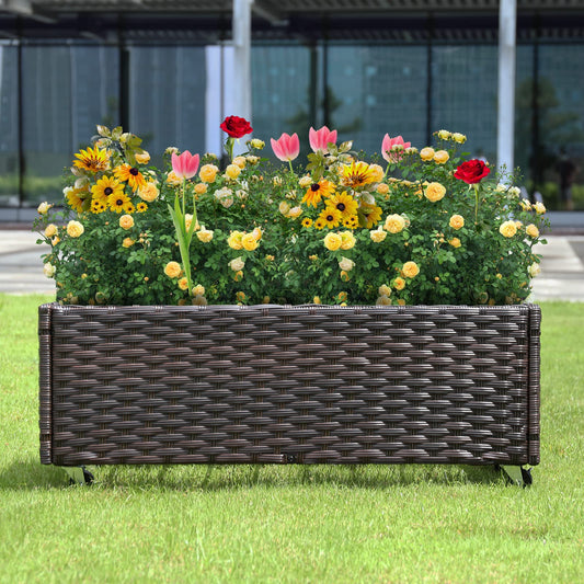 Chonsun Raised Garden Bed with Wheels - Rattan Wicker Elevated Raised Garden Bed Outdoor Raised Planter Box for Vegetables Grass Lawn Yard, 38 x 14.5 x 12 in, Brown