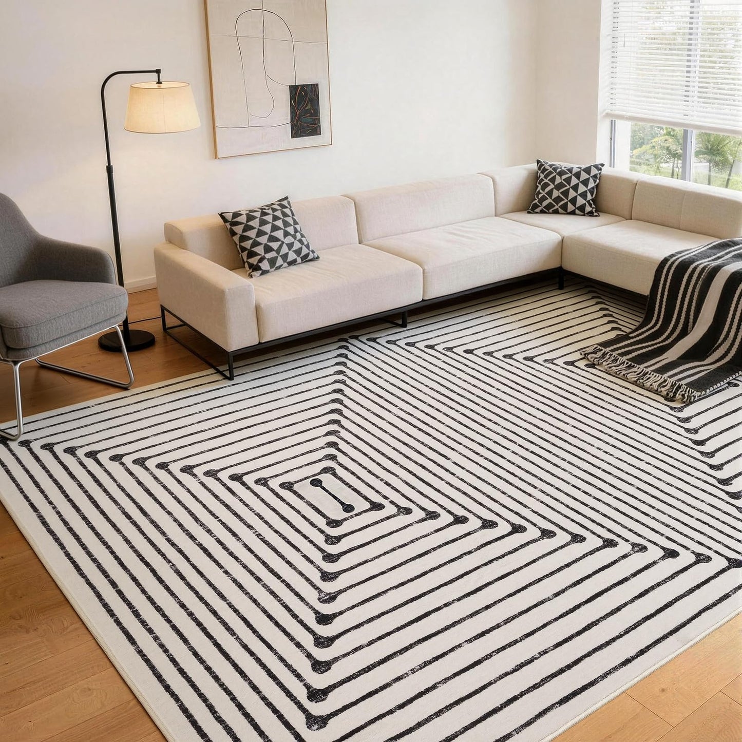 YIHOUSE Washable 8x10 Area Rugs for Living Room, Black and White Striped Rug for Bedroom Non Slip Low Pile, Large Modern Geometric Carpet for Playroom Dining Room Home Office Decor