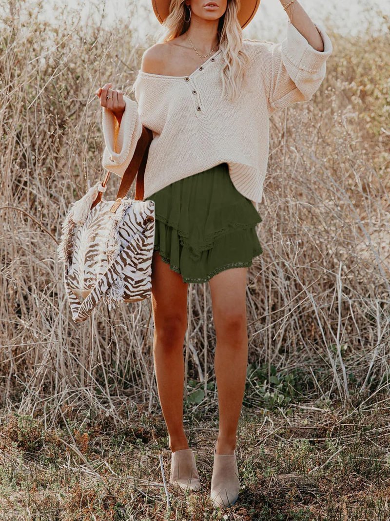 Aoudery Flowy Shorts for Women Casual Boho Ruffle Tiered Skorts High Waist Mini Skirts Golf Tennis Butterfly Crochet Shorts - Oliver Green M