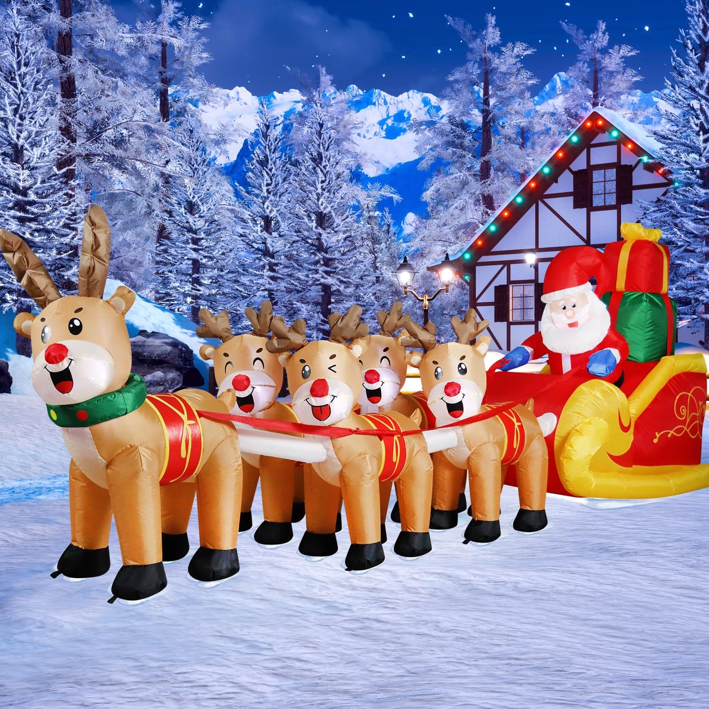 DomKom 12 FT Christmas Inflatable Outdoor Santa Claus on Sleigh with Five Reindeer, Building LED Lights, Blow Up Yard Decoration for Party Garden Lawn Winter Decor