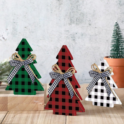 Yookeer Christmas Decor 3 Pieces Wood Table Rustic Christmas Tree Farmhouse Wooden Xmas Centerpiece for Small Table Xmas Trees Red Green Tiered Tray Party Decoration(Buffalo Plaid Style)
