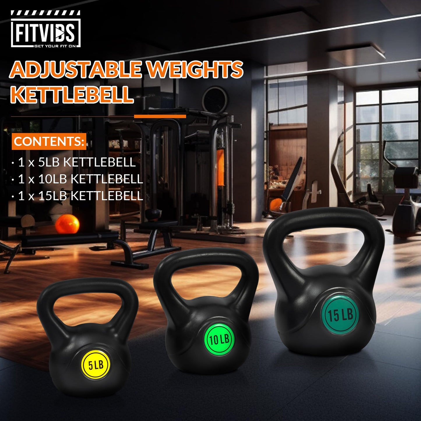 Fitvids Wide Grip 3-Piece Kettlebell Exercise Fitness Weight Set, Include 5 lbs, 10 lbs, 15 lbs and 20 lbs, Set of 3 or Set of 4