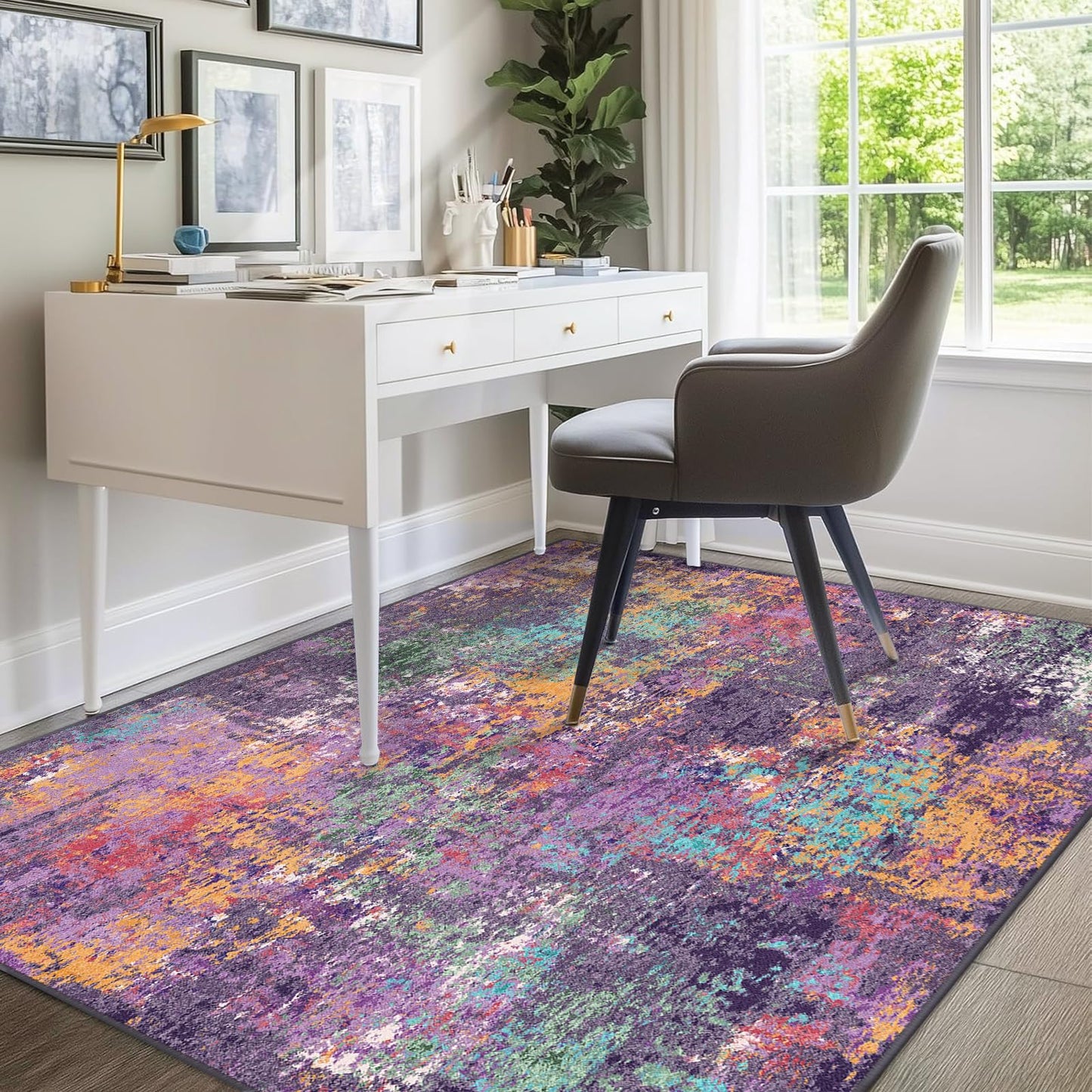RELEANY Washable Area Rugs 5'x7' Non-Slip Modern Abstract Soft for Living Room Entryway Bedroom Kitchen, Print Pattern, Purple Orange Blue Green Rust Red Colorful
