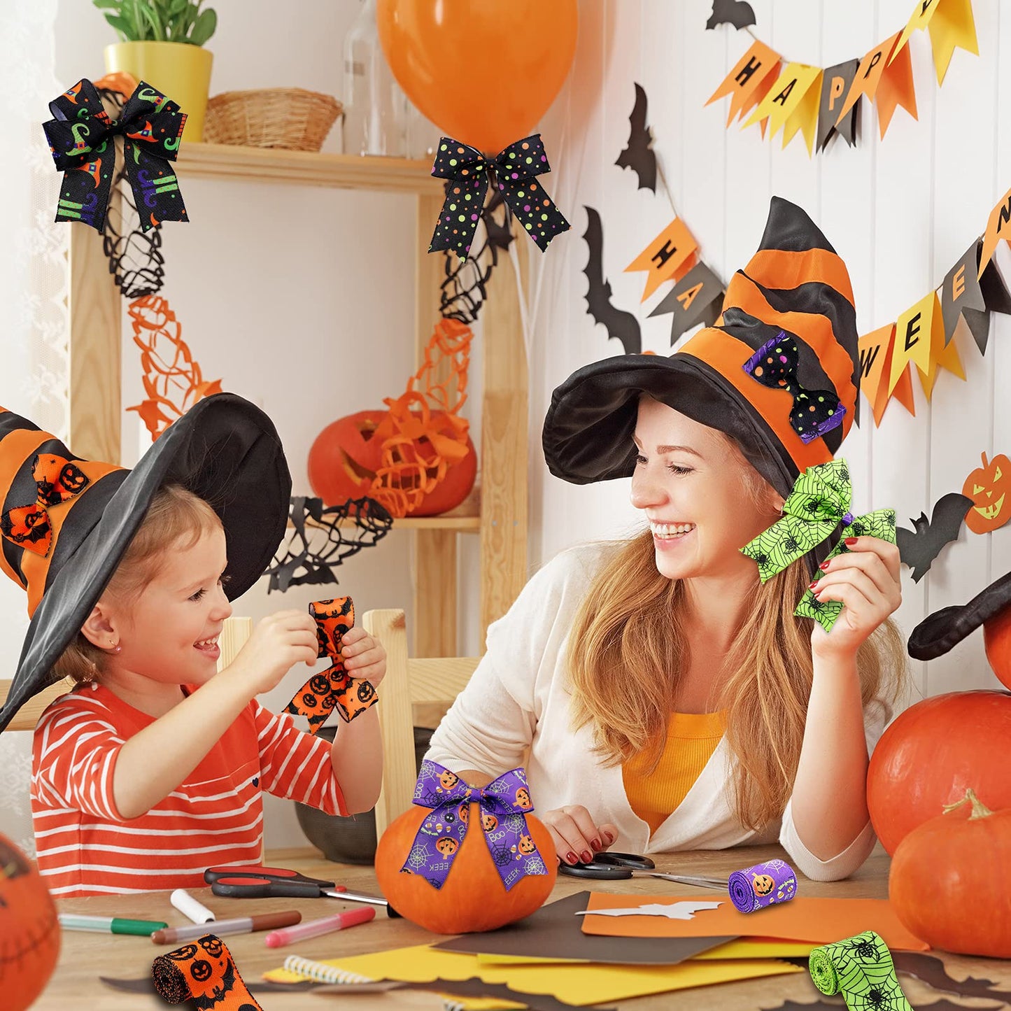 Chuangdi 6 Rolls 30 Yards Halloween Wired Edge Ribbons Bat Spider Web Printed Ribbon Halloween Witch Hat Skull Pumpkin Wired Edge Decoration for Wreaths DIY Crafts Gift Wrapping Supplies