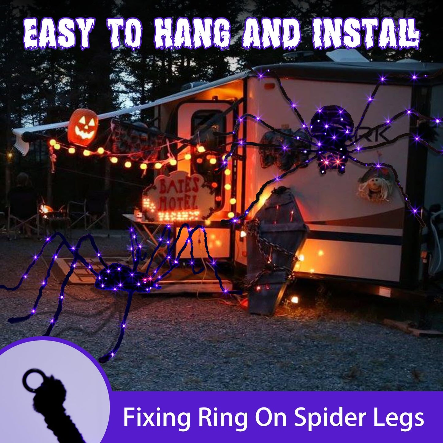 EAMBRITE Halloween Decorations Outdoor 5FT Bendable Scary Giant Spider with 83LT Purple Lights Black Fake Spider for Halloween Indoor Outdoor Yard Home Parties Creepy Décor