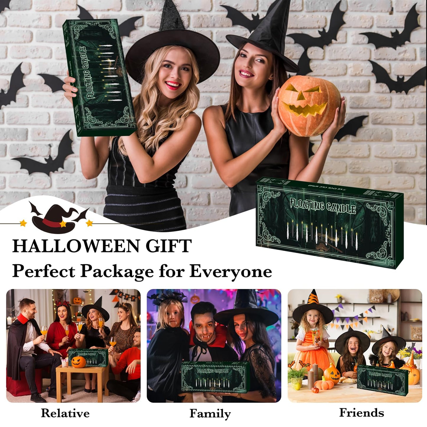 NURADA Floating Candles with Wand Remote Timer - 24 Pcs Magic LED Hanging Flameless Taper Candles Flickering Battery Operated for Birthday Theme Party Holiday Home Halloween Decor - Black
