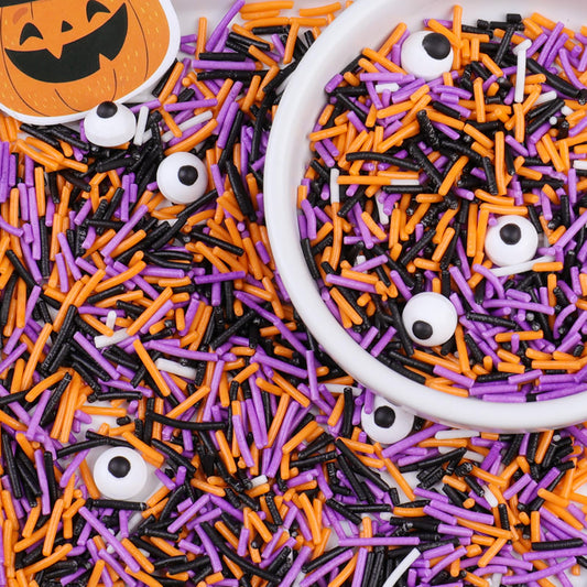 Halloween Sprinkles, Black Orange Purple White Jimmies with Edible Candy Eyes for Cake Decorating, 4.6oz Cookie Cupcake Decorations for Spooky Halloween Baking & Party Treats