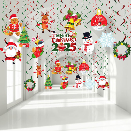 30 Pcs Christmas Hanging Foil Swirl Decorations Set Xmas Holiday Snowman Elk Sign Hanging Swirls Ceiling Decorations for Indoor Outdoor Xmas Holiday Party Supplies (Snowman Elk)