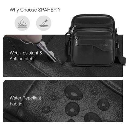 SPAHER Men Small Genuine Leather Handbag Shoulder Bag Satchel Business Messenger Backpack Crossbody Casual Sling Travelling Bag Mens Gift For Wallet Purse Mobile Phone Keys Black