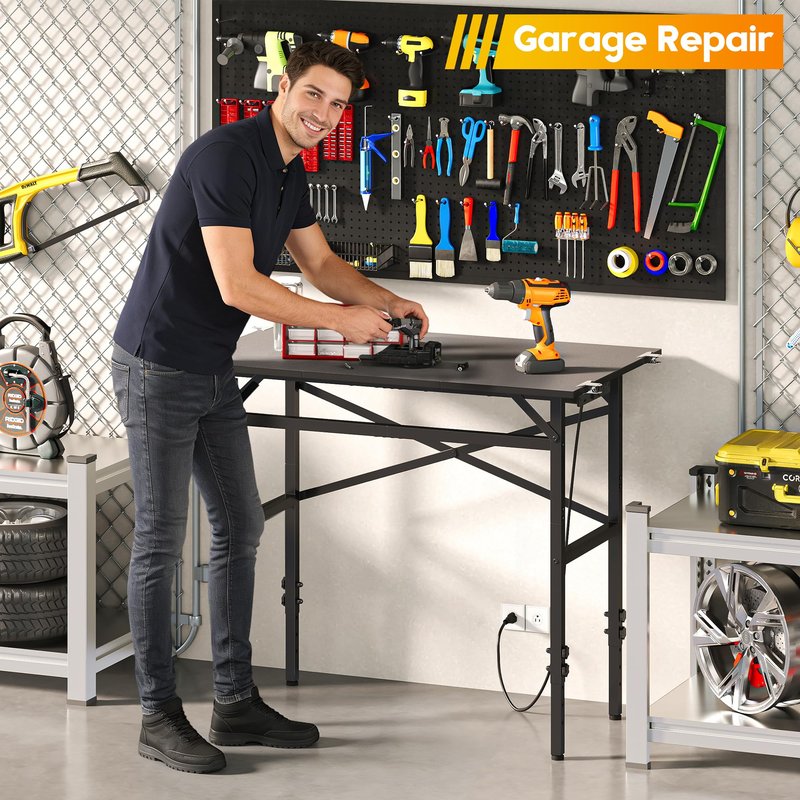 Small Workbench, 1000 Lbs Metal Work Benches for Garage, 38.58" Adjustable Work Table with Power Strip Sewing Table Workshop Home DIY