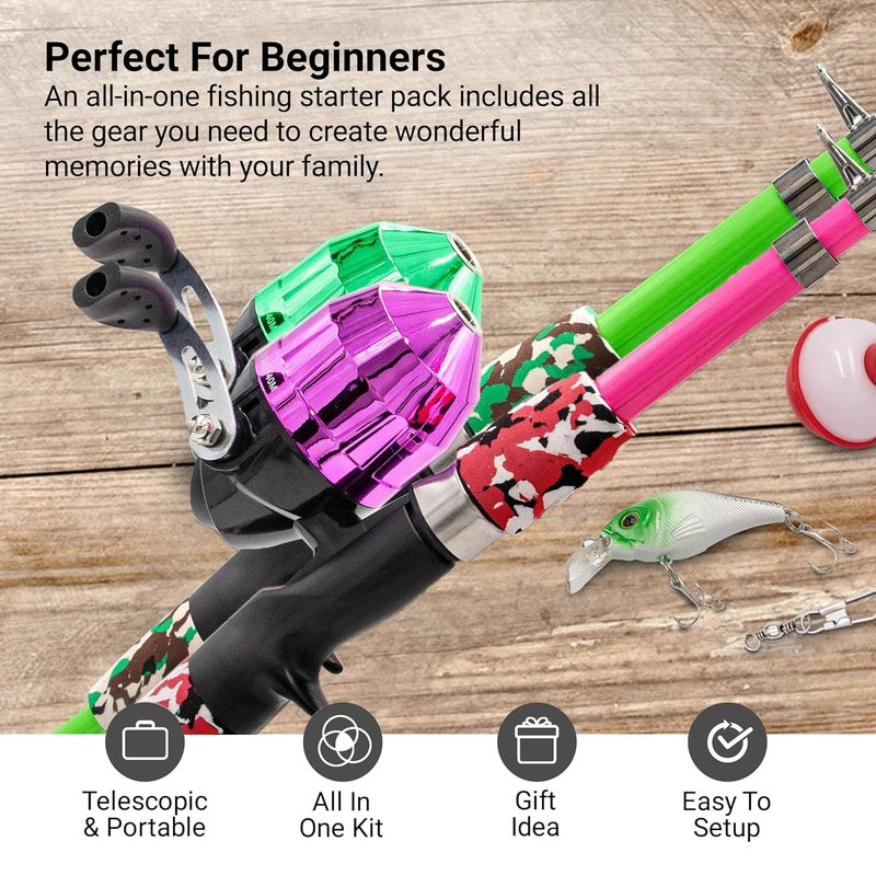 Lanaak 2 Pack Kids Telescopic Fishing Pole, Portable Fishing Rod Set, Tackle Box and Fishing Net Combo Kit, Kids Fishing Gear for Boys and Girls Age 5-10 and Youth – Green and Pink