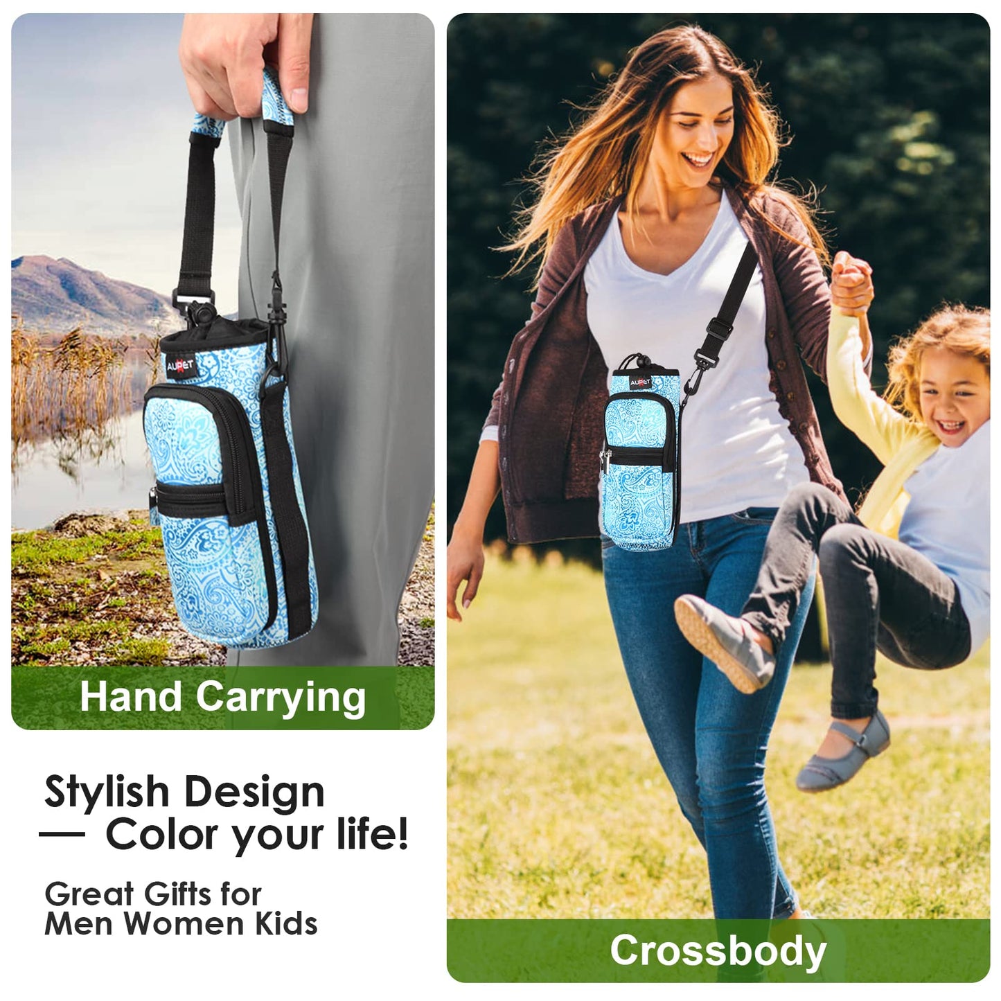 AUPET Water Bottle Sling Bag Sleeve Holder Carrier 25/32/40/64 oz,Insulated Crossbody Water Bottle Case Cover with Strap and Pockets for Men/Women Walking Hiking Camping (25oz, blue feather)