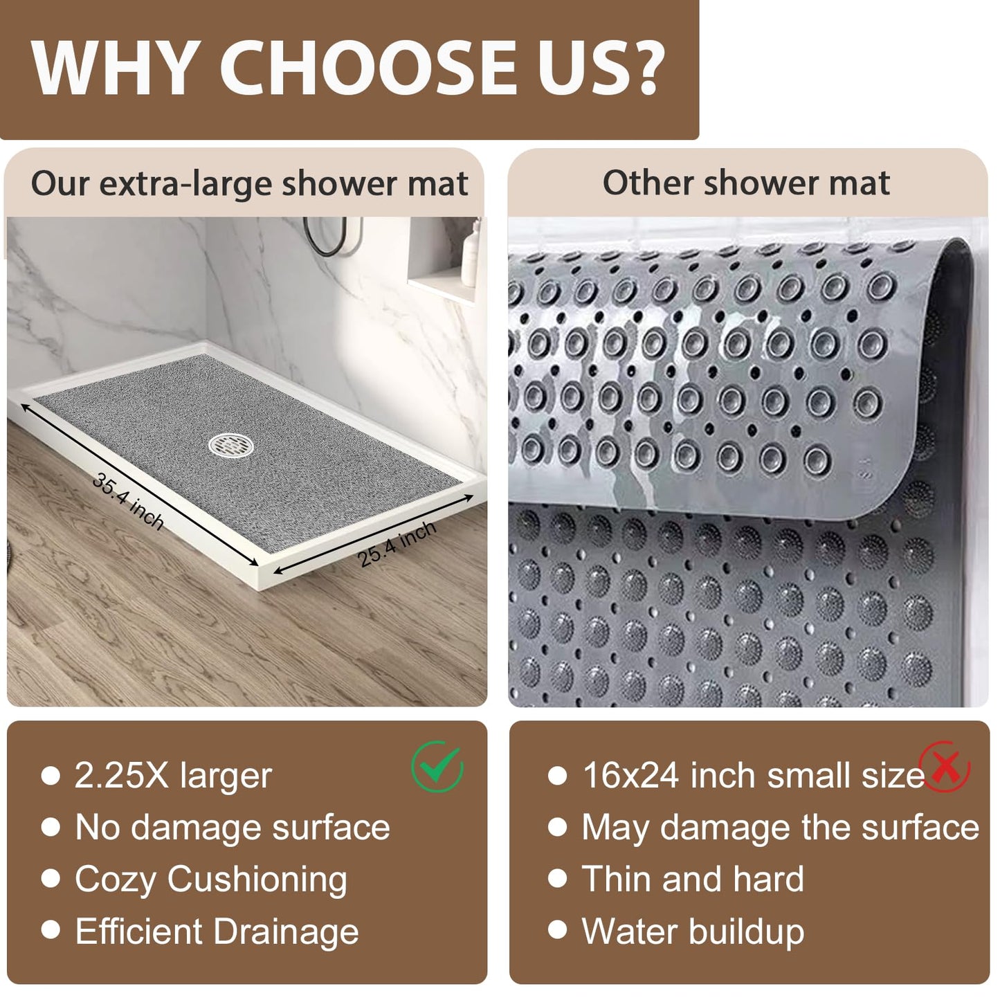 Shower Mat Non Slip: 35.4 x 23.6 Inch Extra Large Shower Mats for Inside Shower with Drain Hole - Soft PVC Loofah Anti Slip Shower Stall Mat for Walk-in Shower and Bathroom, Quick Drying