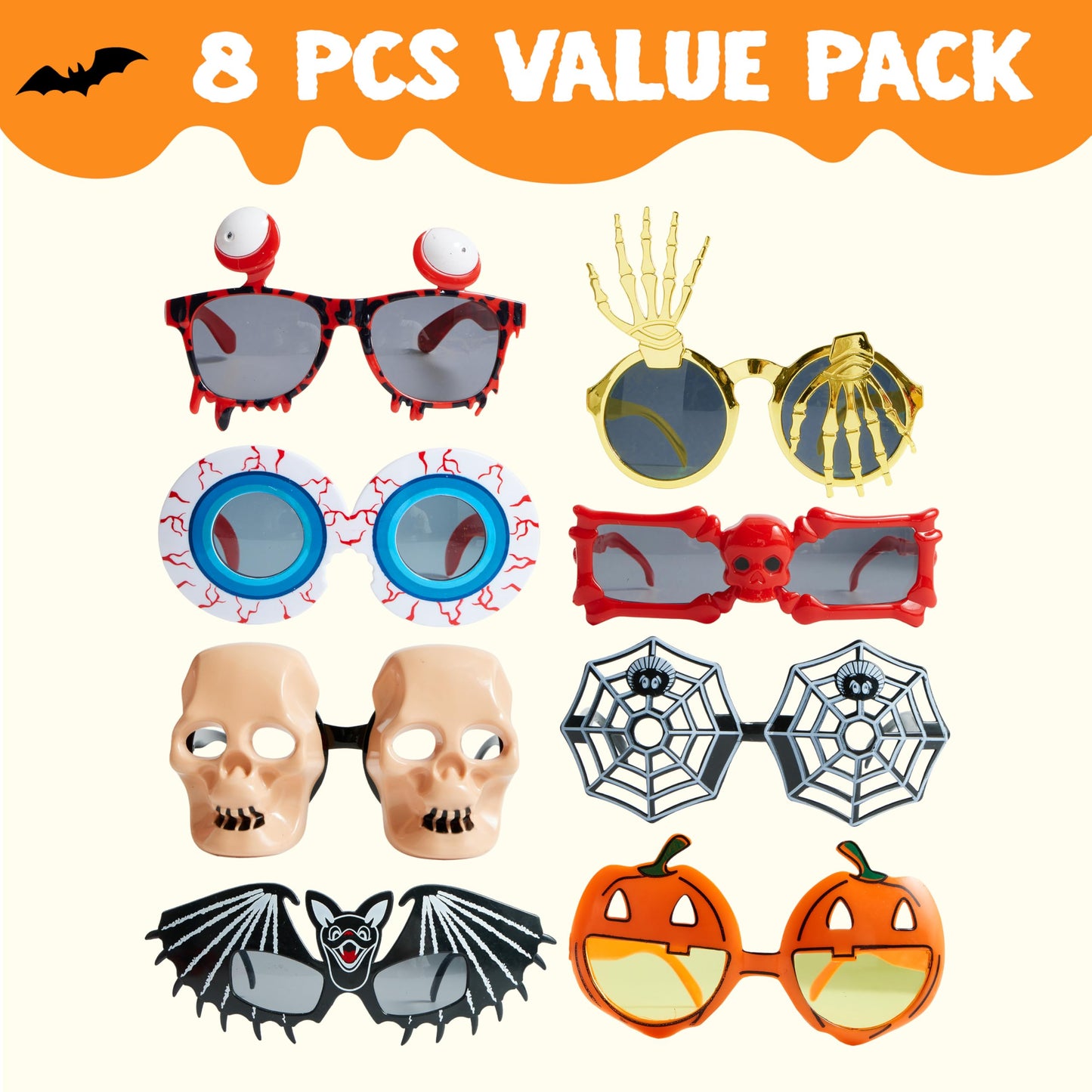 JOYIN 8 PCS Halloween Party Glasses for Kids, Funny Fake Sunglasses with Pumpkin Eyeball Design, One Size Terrifier Disguise Eyeglasses for Dress up Costume Accessories, Photo Booth Props Sunglasses