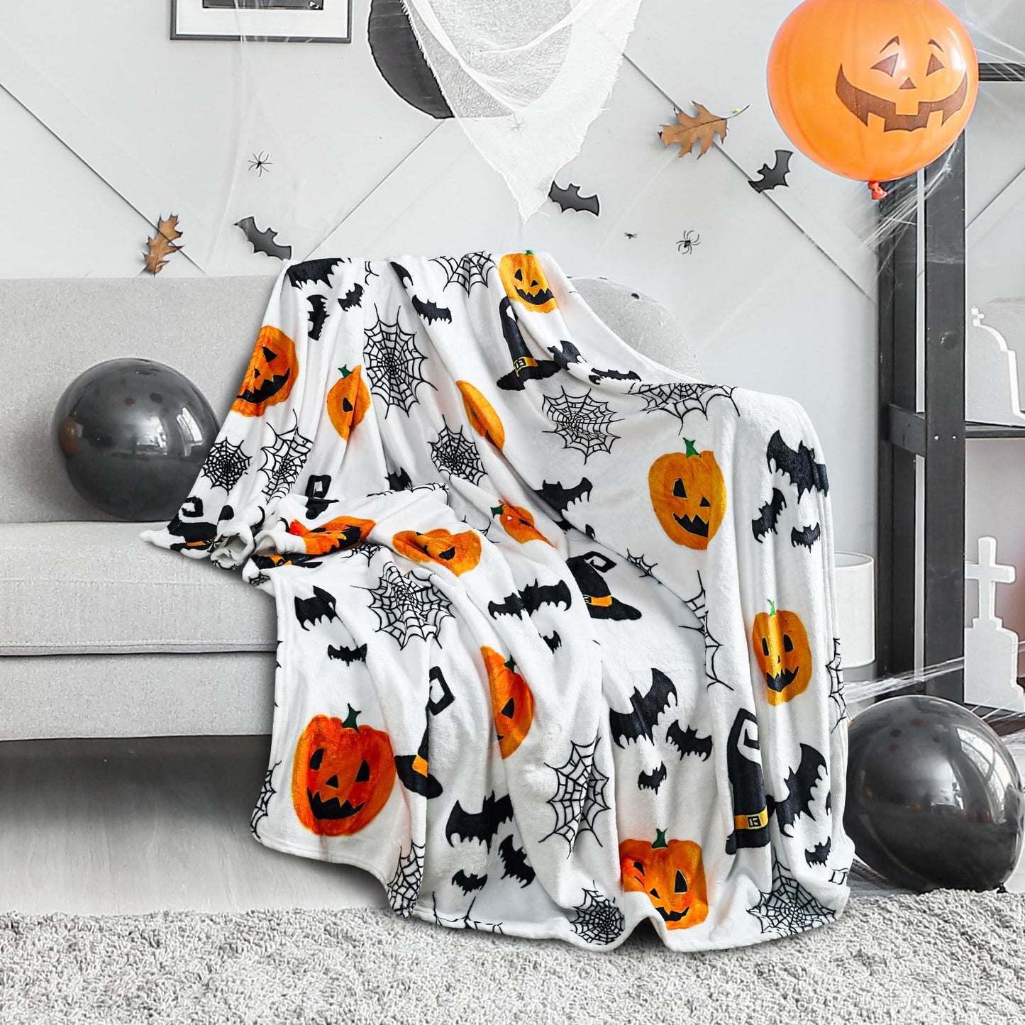 Halloween Throw Blanket - Cute Halloween Blanket & Fall Throw Blanket 50x60 Inch - Soft Flannel Cozy Blanket with Pumpkin, Spider Web, Witch Hat Design for Christmas, Thanksgiving