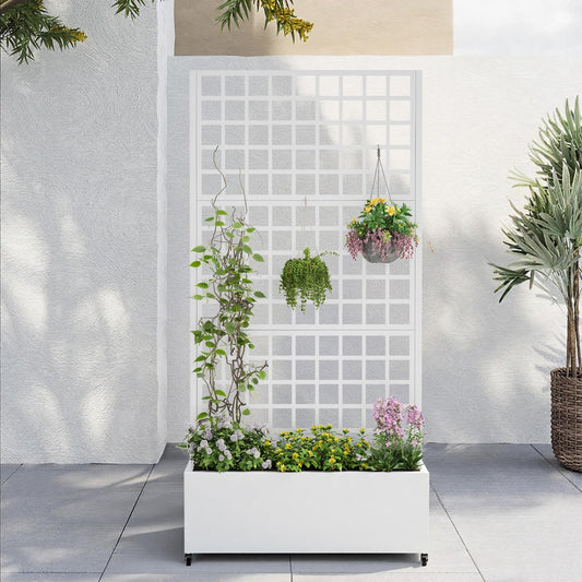 Metal Planter Box with Trellis,72"x35"x15",Galvanized Raised Garden Bed Trellis Outdoor Planter with Privacy Screen & Wheels and Drainage Holes,for Patio Climbing Vegetables,Flowers,Vines,White