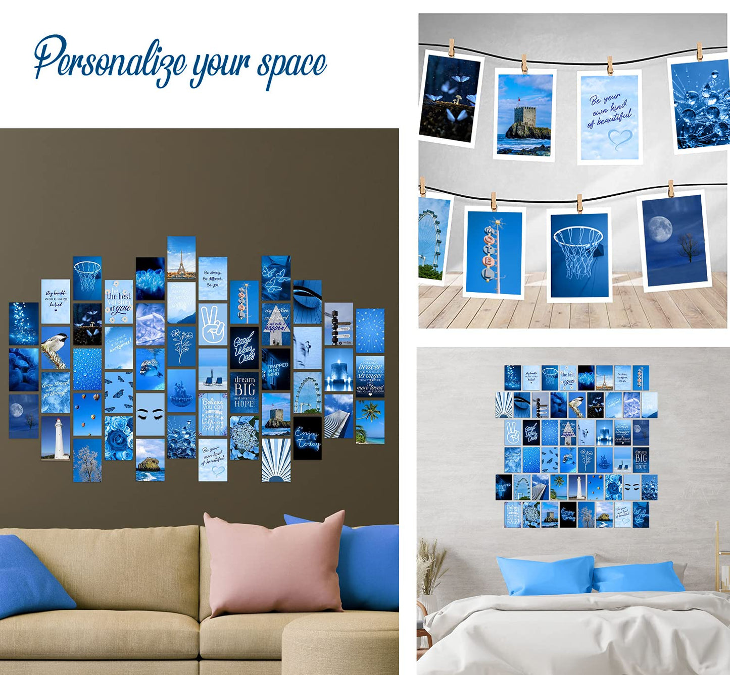 WOONKIT Blue Wall Collage Kit - Aesthetic Pictures, Room Decor for Teen Girls, 50pcs 4x6 inch
