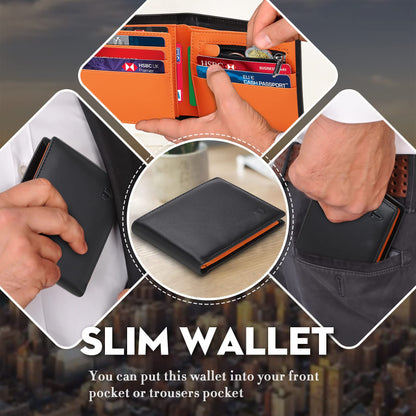 TEEHON® Wallets Slim Genuine Leather RFID Blocking Wallet with 11 Card Holder, 2 banknote compartments, Coin Pocket, Minimalist Wallets for Men UK with Gift Box - Black and Orange