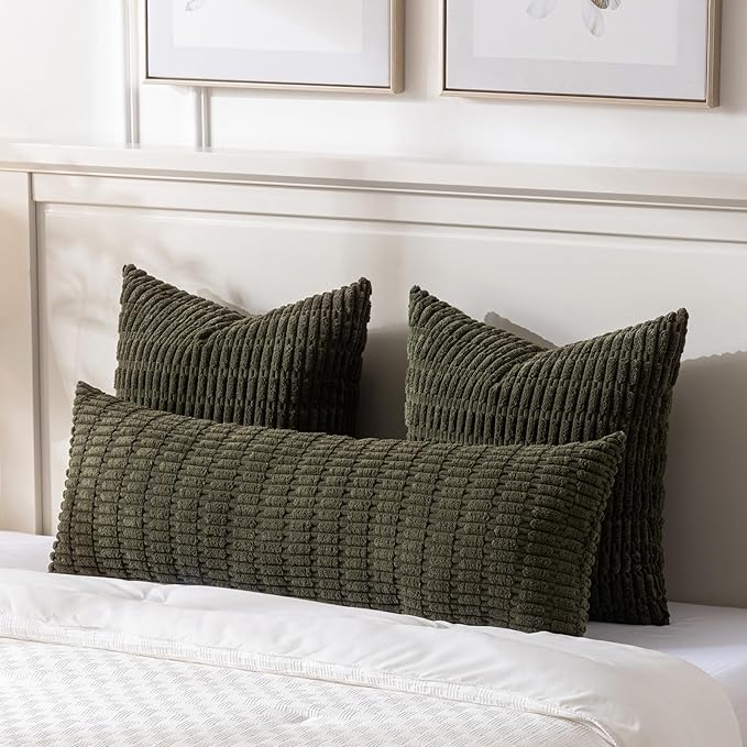 Fancy Homi Olive Green Long Body Lumbar Decorative Throw Pillow Covers 14x36 Inch for Bed Couch Bedroom, Soft Corduroy Rectangle Solid Pillow Case 35x91 cm, Rustic Farmhouse Boho Room Decor