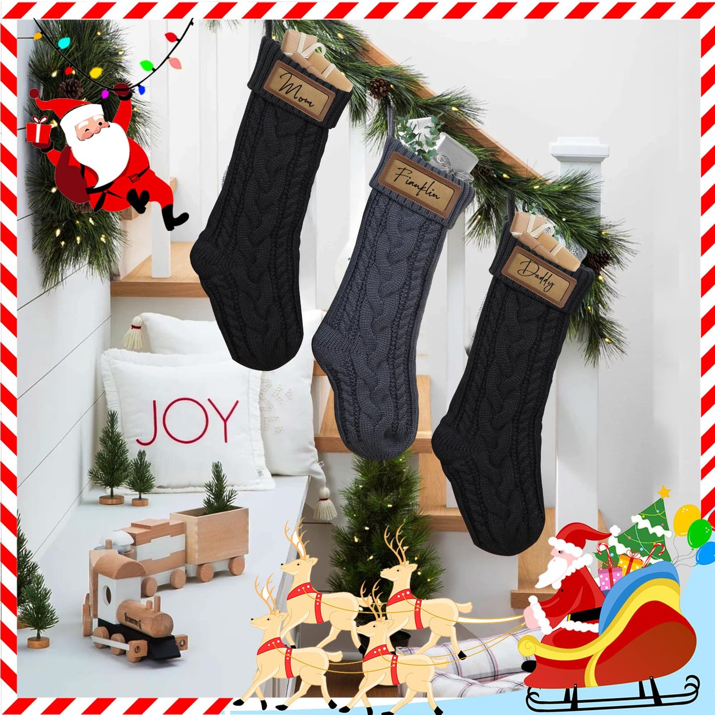 steo spce 4 Pack Personalized Christmas Stocking with Leather Patches Custom Name Family Christmas Stockings, 18.5” Large Knitted Xmas Stockings for Kids, Holiday and Fireplace Party Decoration